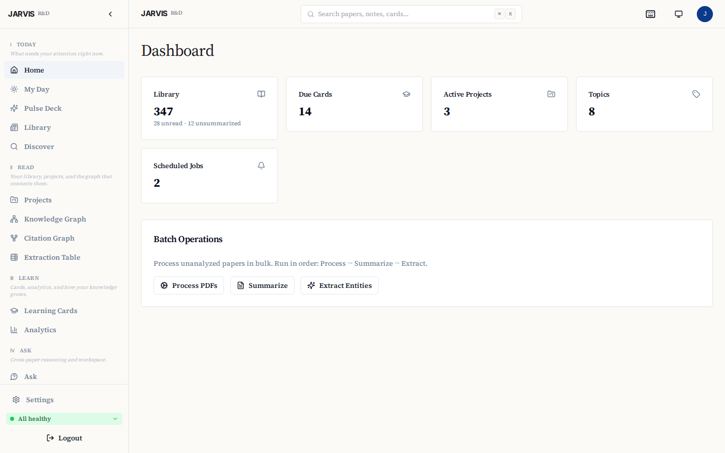 Dashboard β library, due cards, projects, and batch processing at a glance