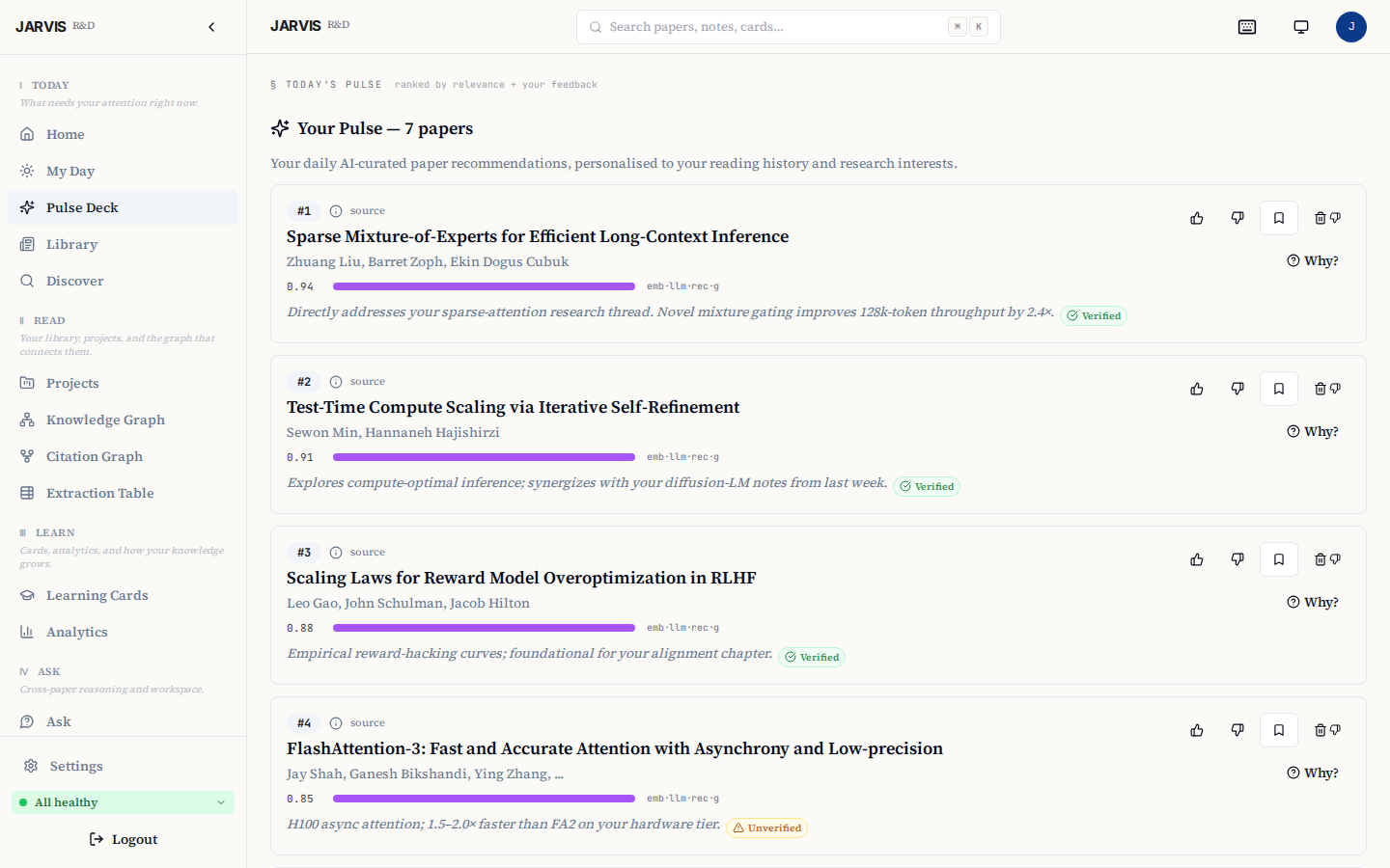Pulse deck β daily LLM-ranked paper recommendations with verified relevance reasoning