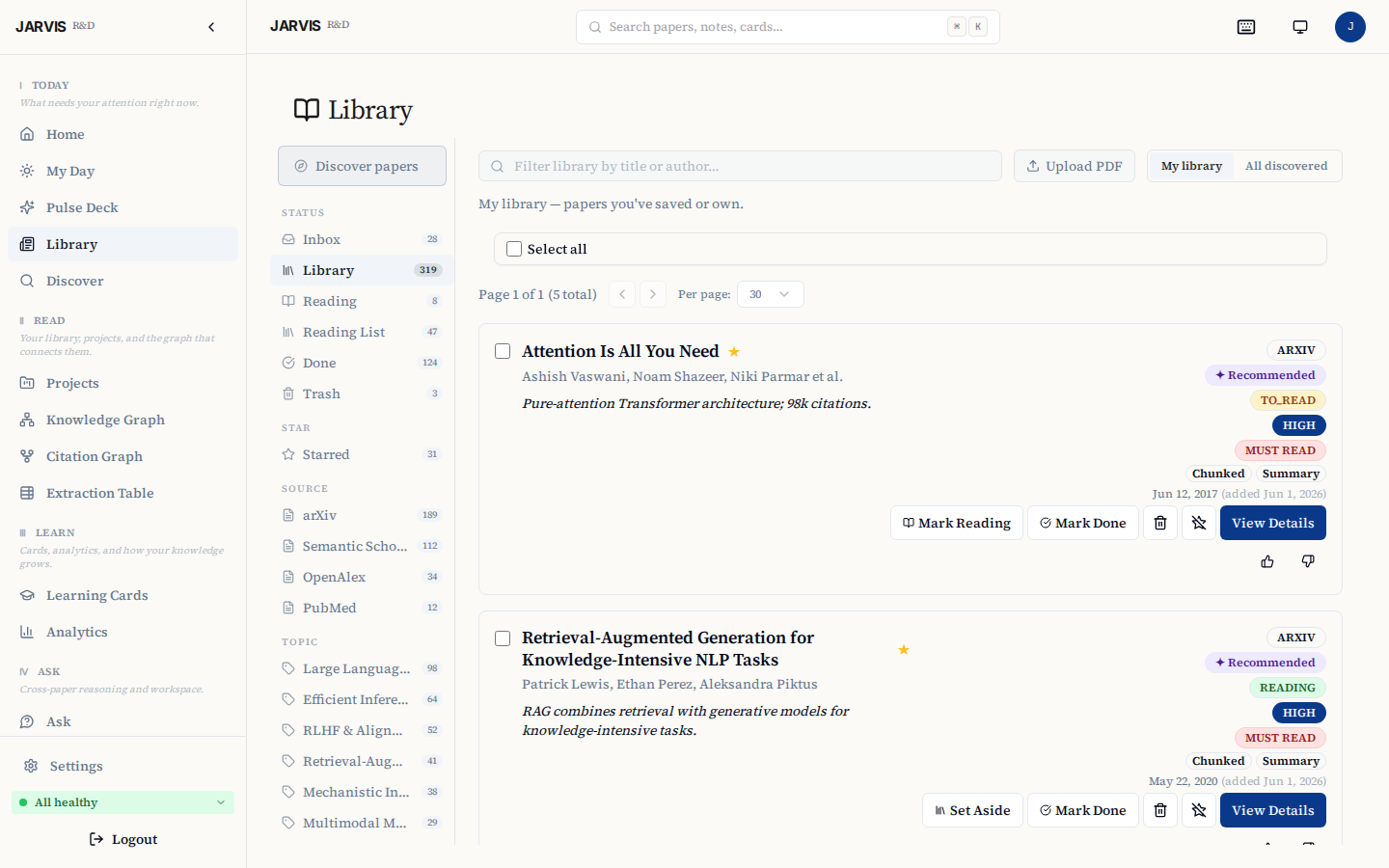 Library β saved and owned papers with status, priority, and summary state