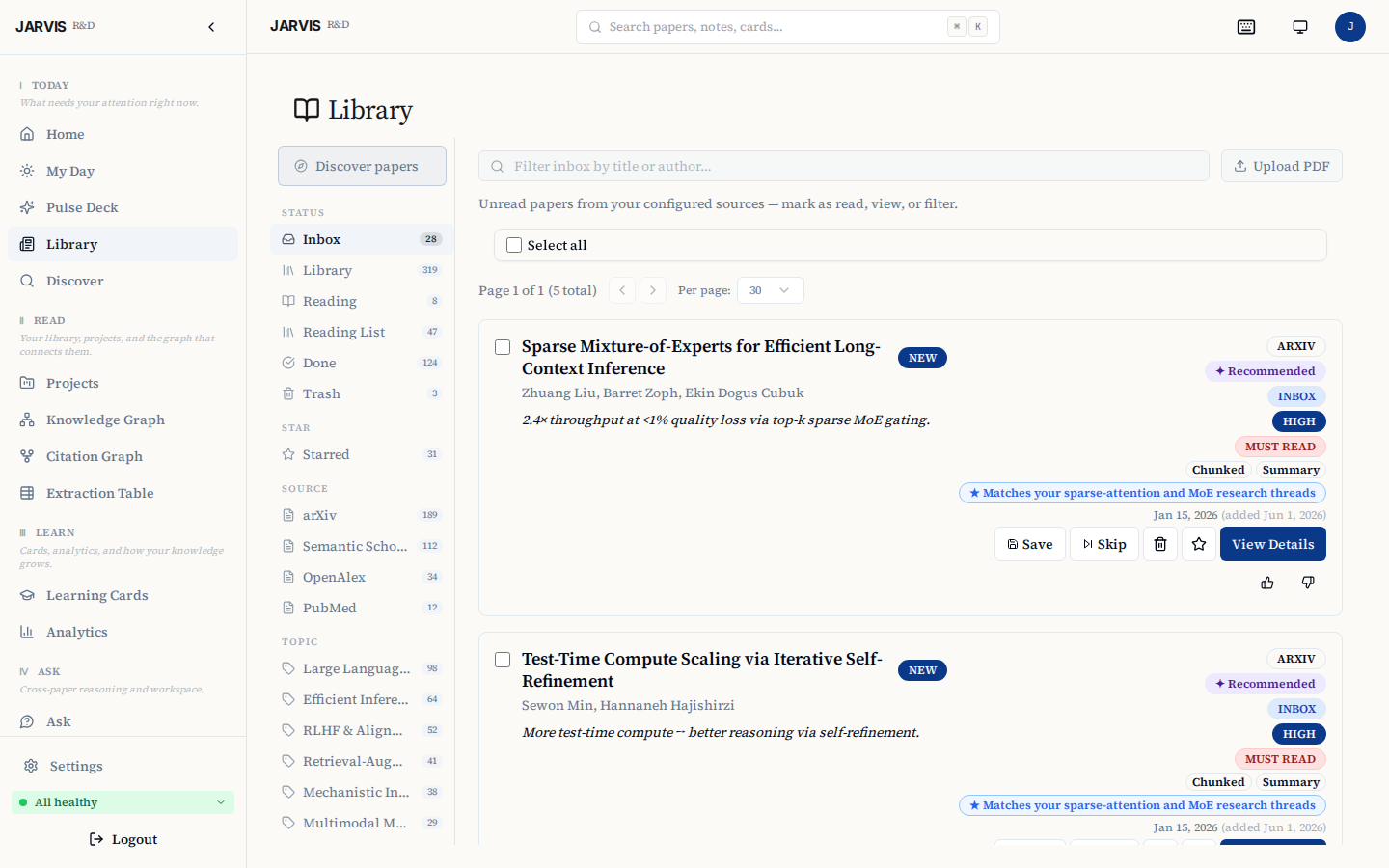 Discover β inbox of new papers from arXiv, OpenAlex, Semantic Scholar, and PubMed with match reasons